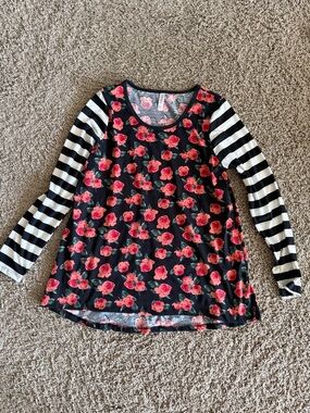 LuLaRoe Black Long-Sleeve Top with Red Floral Print and Black & White Stripes